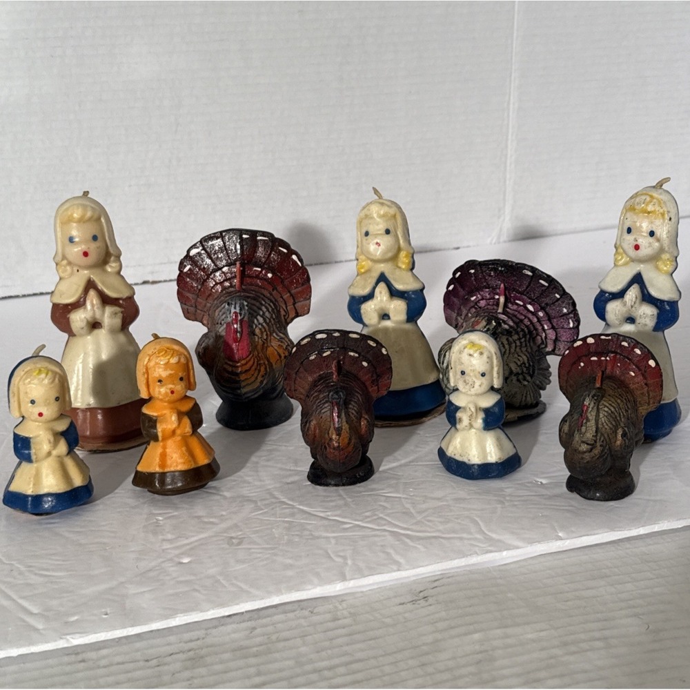 10 Vintage Thanksgiving Candles Pilgrim‎ Girls Turkeys Mid Century Gurley